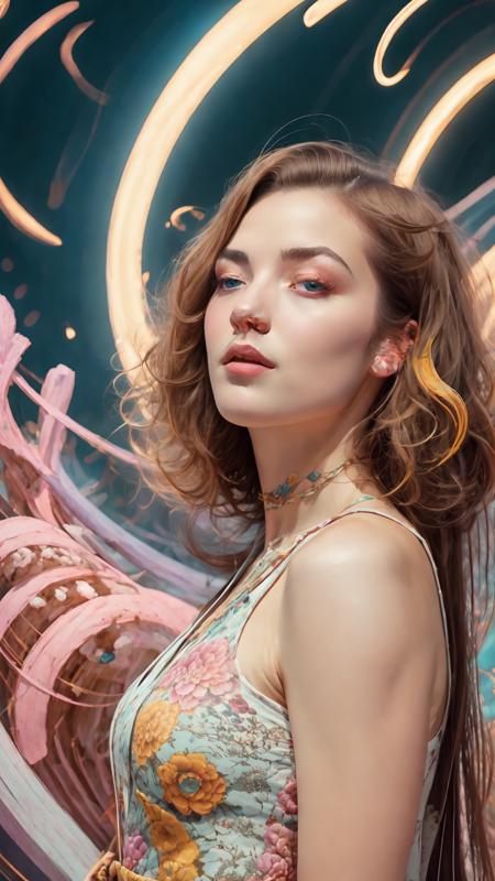 full body,from everywhere,(style of richard deacon), formal wear  android,1girl,a  beautiful girl in a colourful dress with colourful intricate tattoos surrounded by colourful patterns,(Luminous burning hair:1.2),  realistic fantasy, extremely detailed and beautiful , 8 k resolution, <lyco:gpts4 lite dreamwave_278580:1.0>