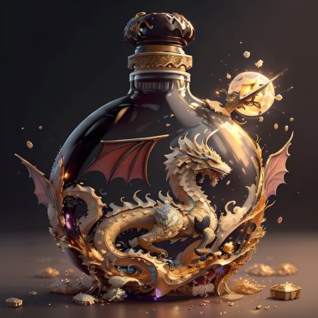 (masterpiece, top quality, best quality, official art, beautiful and aesthetic:1.2),(8k, best quality, masterpiece:1.2),CGbottlesw, no humans, still life, reflection, gem, crystal, bottles, Metal sculptures, Metal sculptures with glass bottles on them, Golden Dragon, <lora:CGbottlesw_20230611232152:1>,