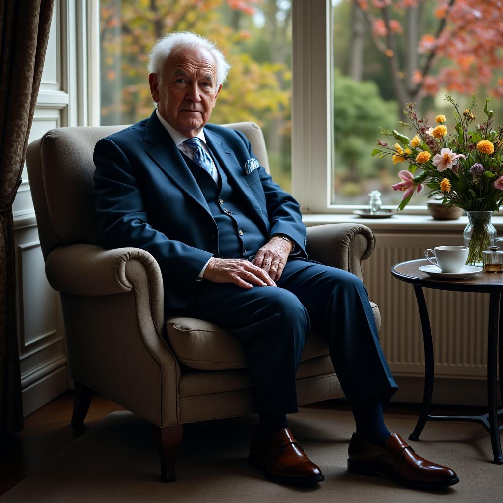 The portrait is a striking image of an elderly man, who appears to be in his late 60s or early 70s. He is seated in a plush armchair, positioned near a large window that lets in a soft, natural light. The man's face is deeply etched with the lines and wrinkles of a life well-lived, and his eyes are a piercing blue that seem to look right through the viewer.
He is dressed in a smart three-piece suit, the fabric a deep navy blue that complements his eyes. The jacket is buttoned, and he wears a crisp white shirt with a subtle blue stripe. A silk tie, in a shade of blue that matches his suit, is tied neatly at his throat. His shoes are polished to a high shine, and his hands rest gently on his knees.
The room around him is tastefully decorated, with elegant furnishings and thoughtful touches. A small table stands next to the armchair, upon which rests a cup and saucer, suggesting that the man has recently enjoyed a cup of tea or coffee. A vase of fresh flowers sits on a nearby windowsill, their vibrant colors adding a touch of warmth to the portrait.
The window behind the man offers a glimpse of the world outside. Through it, one can see a lush garden, filled with trees and shrubs that are just beginning to show the signs of autumn. The leaves are turning shades of red and orange, and a gentle breeze rustles through the branches.
The man's expression is one of quiet contemplation. His lips are slightly pursed, as though he is lost in thought, and his gaze is fixed on something just outside the frame of the portrait. There is a sense of wisdom and experience in his face, as well as a hint of the quiet strength that has carried him through the years.
Overall, the portrait is a beautiful and evocative image of an elderly man who has lived a full and meaningful life. The natural light, the elegant setting, and the man's thoughtful expression all come together to create a portrait that is both striking and deeply moving.