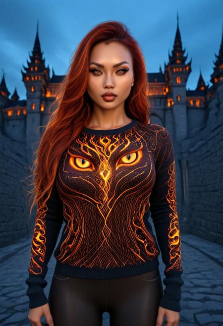 FireDarkstyle, Cambodian woman, asian features, long hair, huge boobs, small waist, fitness body, toned muscle, wide hips, An extreme photorealistic upper body shot of a cat girl with mesmerizing golden eyes and slit pupils. She has long, flowing two-tone hair, FireDarkstyle hair with striking unrealistic beauty. red lips, the skin has tiny imperfections like pores, faint freckles, and slight skin texture variations to add realism. Realistic lip texture with soft lines, slight gloss, and natural color variation. Realistically detailed tear ducts, slightly moist, enhancing the natural appearance of the eyes. Faint, barely visible veins under the eyes, adding depth and authenticity to the skin. Individually rendered eyebrow hairs with natural variation in direction, length, and thickness. Variation in hair strand thickness, with some thinner and finer than others, Gothic castle, lively, luminescent, Majestic castle, big eyes, fully dressed, (FireDarkstyle printed silksweater:1.8), (FireDarkstyle painted castle:1.4), (outdoors:2), CZC, FULL BODY, CLOTHED, hands behind the head, agile pose, dynamic pose, (action:1.6), inwytk04.