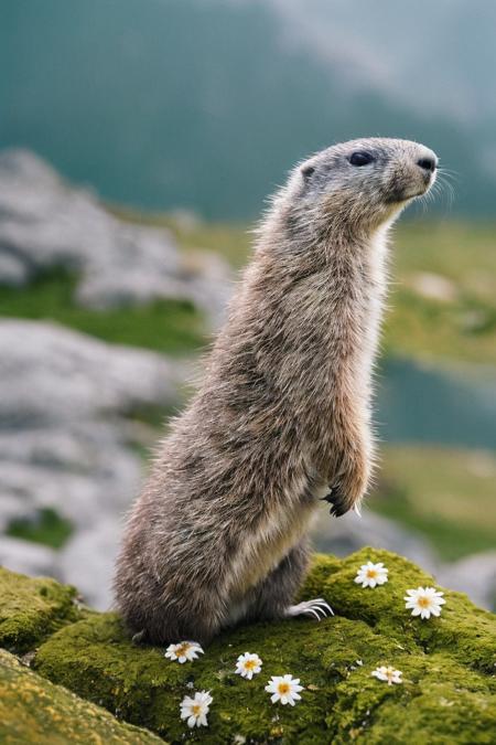 classicnegative photo of a cute marmot sitting on a mossy rock on top of a mountain in the alps, edelweiss flowers, haze, bloom, halation, dramatic atmosphere, cinematography