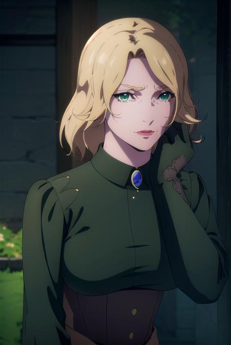 castlevaniatera, <lora:castlevaniatera-lora-nochekaiser:1>,
castlevaniatera, (green eyes:1.5), blonde hair, short hair, parted bangs, lipstick, red lipstick,
BREAK shirt, long sleeves, brooch, clothes around waist, black shirt, collar, corset,
BREAK looking at viewer, upper body, full body,
BREAK outdoors, night, sky,
BREAK <lyco:GoodHands-beta2:1>, (masterpiece:1.2), best quality, high resolution, unity 8k wallpaper, (illustration:0.8), (beautiful detailed eyes:1.6), extremely detailed face, perfect lighting, extremely detailed CG, (perfect hands, perfect anatomy),