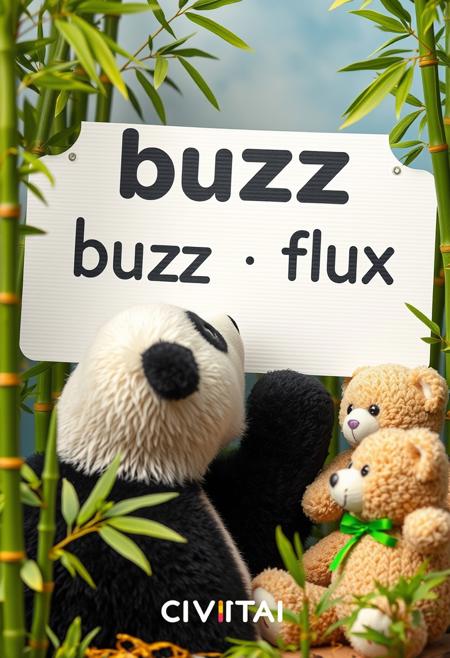 A pcture of a giant panda looking at the board word in a big bold font "buzz", and other teddy bear looks at the word in a big bold font "flux", in a toy land filled with bamboos and it says "Buzz" and "Flux" as the paper is written in the CIVITAI logo