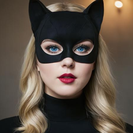 cinematic film still of  <lora:Hyperrealism style:1>
a woman in a cat mask and a cat costume,1girl,solo,looking at viewer,blue eyes,closed mouth,lips,mask,portrait,realistic,nose , realistic, real, photo real, cinematic, dramatic, film look, dramatic light, unreal engine, 3D computer graphics, hdr, Hyperrealism Style, closeup, shallow depth of field, vignette, highly detailed, high budget, bokeh, cinemascope, moody, epic, gorgeous, film grain, grainy