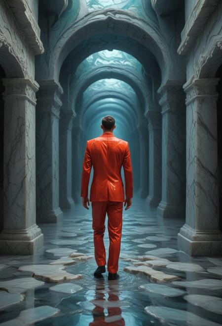<lora:GeekyXL_Liquid_Marble:0.8>,liquid marbel,Man in red suit walking down long corridor,  central perspective,  large eye (teal-green iris, orange-yellow pupil) hovering above, dripping liquid,  ancient stone architecture,  cracked pavement,  dramatic lighting, warm-cool color palette,  stylized digital art,  detailed clothing,  shadow of figure on pavement,  horizontal composition,  intriguing atmosphere,  (bold lines: 1.2), (geometric patterns in archway: 1.1).