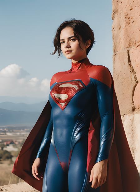 upper body photo of supergirl, short hair, bodysuit, red cape, regretful, outdoors sunny day, a virtual reality world becomes a prison, landscape, analog style (look at viewer:1.2) (skin texture), Fujifilm XT3, DSLR, 50mm  <lora:Sasha Calle SupergirlV2:0.75>