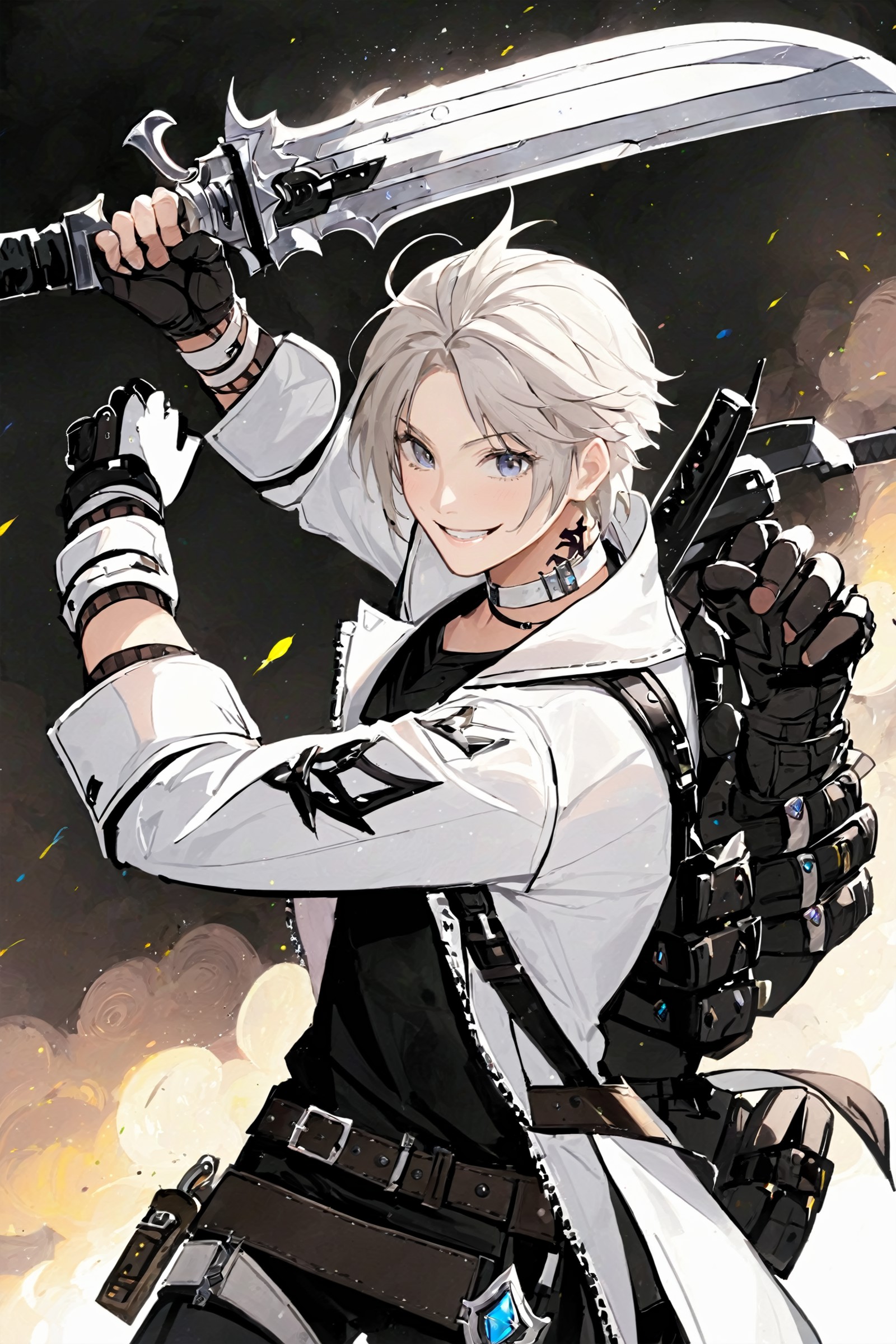 Thancred Waters,  looking at viewer,  smile,  shirt,  gloves,  holding,  jacket,  weapon,  choker,  black gloves,  belt,  ...