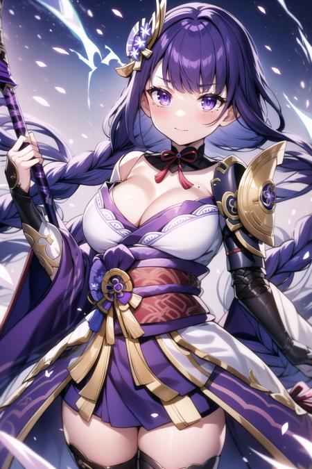 (Masterpiece), high quality, best quality, raiden shogun, genshin impact, purple hair, purple eyes, mole under eye, long hair, braided ponytail, hair flower, hair ornament, purple flower, single braid, sidelocks, <lora:Raiden-Shogun-V1-000004:0.6>, 1girl, solo, looking at viewer, bangs, large breasts, thighhighs, long sleeves, ribbon, cleavage, closed mouth,  weapon, cowboy shot, japanese clothes, wide sleeves, kimono, holding weapon, armor, mole, sash, obi, polearm, shoulder armor, tassel, bridal gauntlets, electricity, purple thighhighs, holding polearm, purple kimono, obijime, tomoe (symbol), obiage, mitsudomoe (shape)