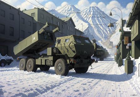 detailed painting of a HIMARS parked on a snow covered Japanese city street, photorealism <lora:himars16-v1-step125:1>