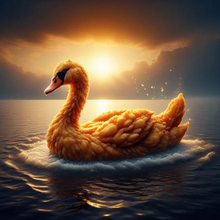 A deep-fried swan, golden and crispy, floating in a vast lake of rich, dark soy sauce. The scene is highly detailed, with steam rising from the swan’s crispy skin, oil glistening under the soft ambient light. The soy sauce lake reflects the warm hues of the setting sun, creating a surreal and cinematic atmosphere. The composition is artistic, blending realism with surrealism, evoking a sense of both culinary artistry and dreamlike fantasy. High-resolution, intricate textures, dramatic lighting, hyper-realistic food photography style. Dfc
,