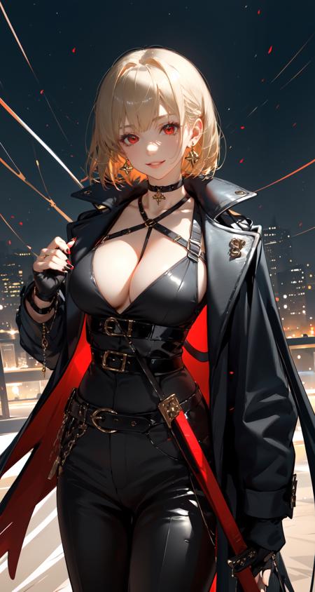 Chocolate, 1girl, breasts, solo, jewelry, choker, earrings, red eyes, weapon, sword, blonde hair, looking at viewer, red nails, gloves, cleavage, belt, large breasts, black choker, pants, coat, black pants, sheath, cowboy shot, parted lips, bangs, smile, black coat, medium hair, sheathed, long sleeves, fingerless gloves, black gloves, high-waist pants, cross, katana, nail polish, short hair, open clothes
<lora:Chocolate-000018:0.8>,