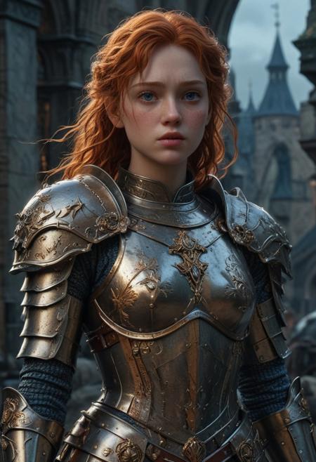 High resolution ultra-realistic of Beautiful Warrior Sadie Sink as Joan of Arc, 8k, capturing the intensity of the moment, cinematic lighting, standing on a bloody and stormy battlefield in bloody battle, wavy red hair, realistic dirty pale face, realistic blue eyes,  beautiful hourglass figure, burning in a medieval Town, intricately designed iron and silver armor, Dark Ages Aesthetic, perfect athletic figure, beautiful Warrior Joan of Arc, fire, ultra realistic, cinematic style, vigorous and seductive, athletic figure, dark fantasy, dramatic lighting, wet and sweaty skin, dirty skin, athletic figure, dark fantasy, dramatic lighting, Greg Rutkowski style,, Warrior Joan of Arc on in iron armor, hyper-detailed, hyper-realistic, bright colours, Attractive 21 old years girl, Attractive, beautiful firm Breasts, sharp focus, digital painting, Photograph Taken on Nikon D750, Alphonse Mucha, 8K, athletic figure, Hyperdetailed, hyperrealism, Attractive, Attractive bust girl, asymmetric balance