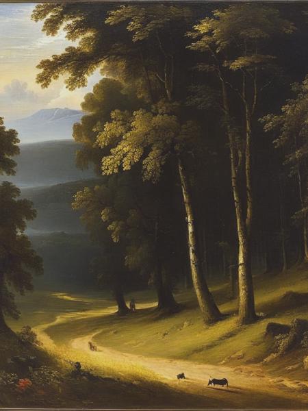 <lyco:WorthingtonWhittredge:1.0> painting of a wooded area by luther scapper 1832, in the style of camille corot, dark bronze and gray, pastoral settings, golden light, mons desiderio, figuration libre, atmospheric