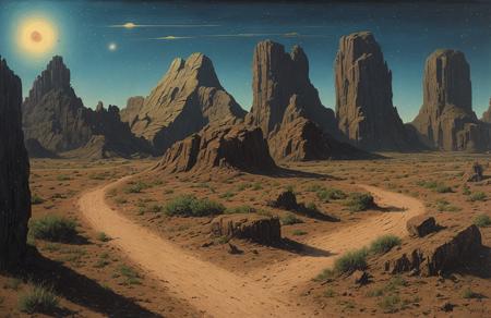 (Vincent Di Fate:0.7), scene painting,scenery,a painting, patch ,boscage ,clump ,