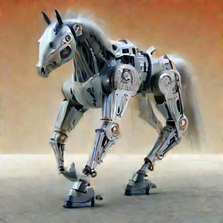 Horse, 4 legs, non-humanoid robot, no humans, solo, full body, metallic finish, glowing orange eyes, intricate mechanical joints and components, smooth and polished surfaces, futuristic design with visible gears and circuitry, standing in a dynamic pose with one leg slightly raised, reflecting advanced technology and craftsmanship, cybernetic appearance with strong and elegant proportions, metallic textures contrasted by glowing orange elements, shadows and reflections on a neutral background, showcasing the power and grace of this robotic equine <lora:Robots:2>  realistic, robot joints,