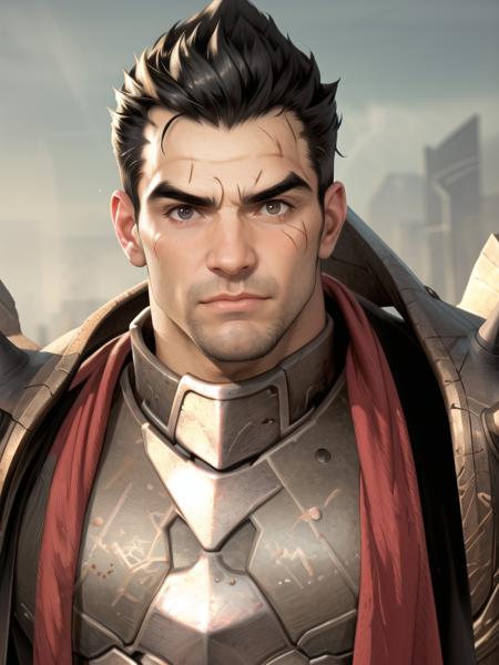 best quality,masterpiece,highres,<lyco:Darius-League of Legends:1>,darius,1boy,male focus,solo,muscular,manly,muscular maleblack hairfacial hair,short hair,scar on face,thick eyebrows,upper body, full frontal,portrait, armor, looking at viewer, 