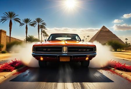 cinematic photo of dodge Charger 1968, magnificent three pyramids of Giza appear clearly, charm, highly detailed car, Professional lighting, full of life, Lively and energetic, 8K, rays of sun flow beyond heavy clouds, HDR, Fast & Furious movie, motion blur, moving tires, Cinematic Shot, Cinematic Lighting, amazing world, pure perfection, Need For Speed, wide angle exterior background, drifting, wet asphalt road, autumn leaves, grass, flowers, jasmine flowers, palm trees, nebula horizon.