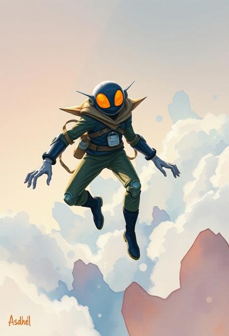 flying through the sky but it's strange, stylized character design, watercolor textures, dynamic compositions, soft brushstrokes, graphic novel aesthetic, muted yet vibrant tones, fantasy elements, expressive poses, whimsical atmosphere, narrative-driven art, ethereal lighting, futuristic undertones, sleek details, imaginative storytelling, unique visual flair.
