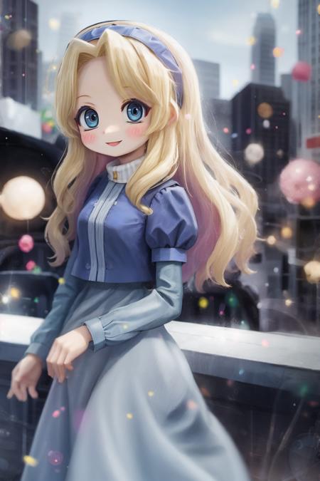 mariarobotnik, portrait, long hair, blonde hair, blue hair, hairband, blue dress, puffy sleeves, smile, looking at viewer, city <lora:maria_robotnik-v2:1>