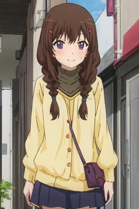 best quality, masterpiece, highres, solo, {fujimiya_konomi_nonnonbiyori:1.15}, brown_hair, hair_ornament, hairclip, long_hair, purple_eyes, braid, smile, blush, 1girl, anime_coloring, sweatdrop, hair_over_shoulder