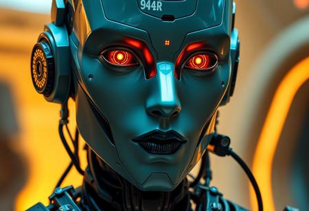 A close-up of a futuristic humanoid android with a sleek, metallic face in shades of teal, grey, and black. The android’s glowing orange-red eyes have geometric, mechanical pupils, giving an intense, focused gaze. Its face is smooth and humanlike, but segmented with visible panel lines and printed alphanumeric codes like "94R" beneath one eye. The lips are matte black, expressionless and cold. Attached to the side of the head is a cybernetic module with small illuminated symbols, hexagonal grids, and a connector-like structure. The neck transitions into a complex, dark mechanical collar made of layered, textured materials with cables and joints. The background is softly blurred with warm beige-yellow lighting and indistinct futuristic shapes, suggesting a sci-fi indoor setting. The overall mood is high-tech, enigmatic, and slightly ominous.