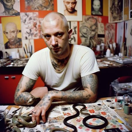 A documentary mid-closeup mixed media photograph, collage, printmaking , silkscreen, paint, The chaotic mind of an artist,  extremely handsome, shaved clean bald headed man, with snake tattoos, in his messy studio. 
Works in progress behind him , Leica M3, 50mm lens, film grain, Kodachrome cross processing over bleached, 
Marianna Rothen Style page,Robert Rauschenberg Style