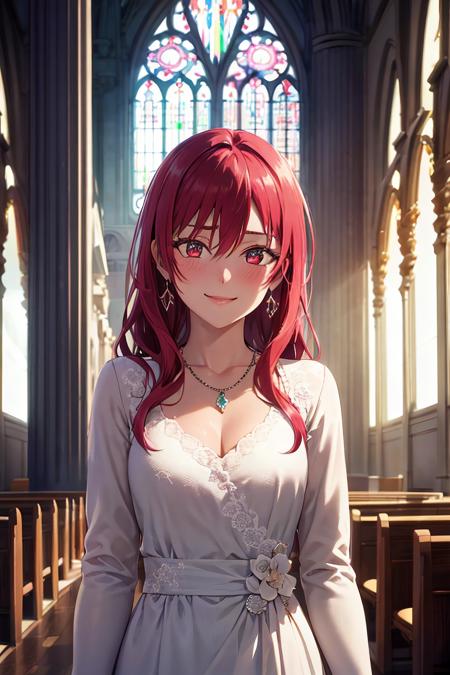 masterpiece, (best quality), 1woman,1girl ,sakisaki,   red hair,  long hair,  red eyes,formal dress, gown , jewerly, earrings, necklace, divine woman,medium breasts, ,sexy woman,smile, hair between eyes, long sleeves,closed clothes, embarrassed,blush,  formal event, vibrant colors ,natural lighting  ,RTX,  , beautiful, (detailed face:1.2), showcase, (perfect eyes:1.1) ,(photorealistic:1.1), 8k uhd,  looking at viewer, indoors,  simple backround, upper body, chandellier, church