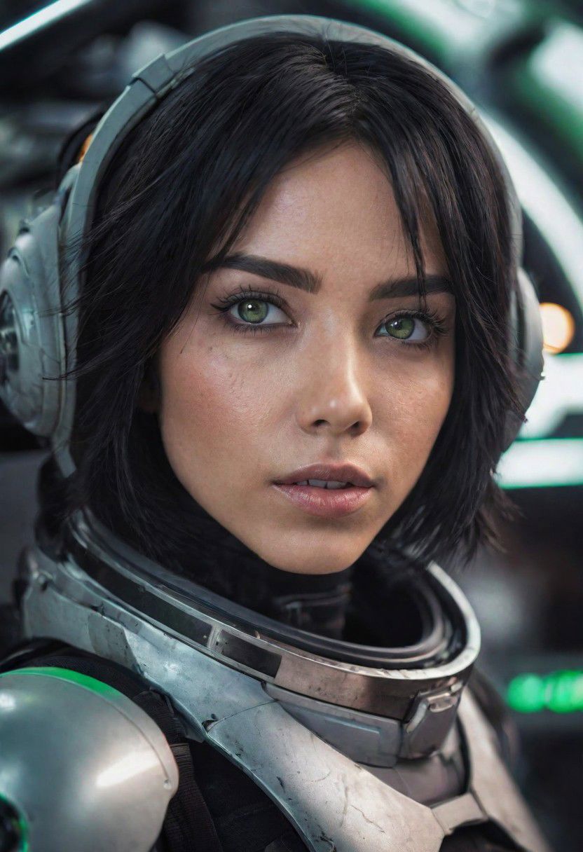 photo of a black hair woman, in space, futuristic space suit, (freckles:0.8) cute face, sci-fi, dystopian, detailed eyes, green eyes, 16k