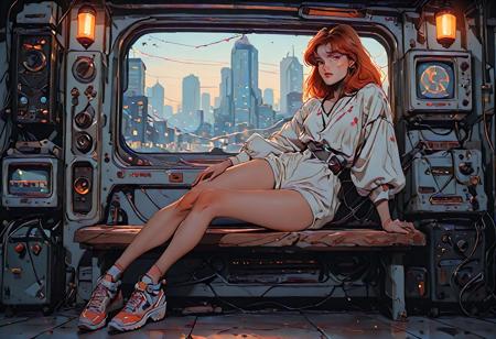 masterpiece, Shinkaistyle, pinkretroanime, retro art, Cyberpunk Style, cyberpunk, science fiction, hi tech, future tech, neon, (Cybernetics:1.25), (Neon Cityscape:1.4), (lineless:1.5), smooth edges, (lighten the face:1.5), tall body, slender body, fit body, long legs, two cats on a wooden bench in an Asian street during late afternoon. One black and white, and one orange. The bench is near a window with Japanese characters and red lanterns. Cherry blossom trees line the street. Green, brown, and warm orange hues. Soft and diffuse lighting.