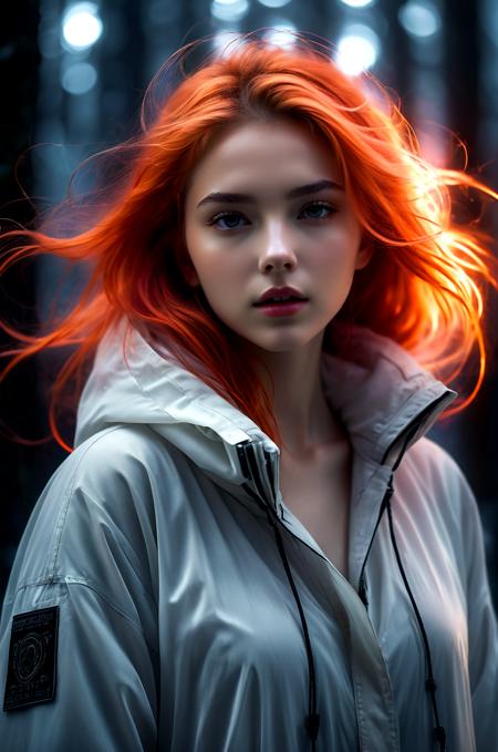portrait of a young woman with long, flowing orange hair, she is wearing a light grey jacket with a hood and a black patch on the left side of her chest, the woman is looking directly at the camera with a serious expression on her face, the background is blurred, but it appears to be a city street at night with buildings and lights, the overall mood of the image is dark and mysterious, photorealistic, hyperrealistic art, extremely high-resolution details, photographic, realism pushed to extreme, fine texture, incredibly lifelike, absurdres, masterpiece, 8k, high detail, intricate, best quality