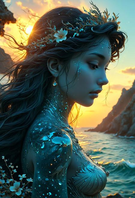 This high-quality, 8K Ultra HD artwork masterfully creates a beautiful double exposure, seamlessly blending the silhouette of a goddess with a sunset coastline. The sunset coast serves as the underlying backdrop, with its intricate details skillfully incorporated into the goddess's design. The composition features crisp lines and sharp focus, while the background remains in monochrome. The double exposure technique adds depth and dimension to the piece, and the full-color depiction of the goddess and the coastal elements showcase the exceptional artistic talent of yukisakura.