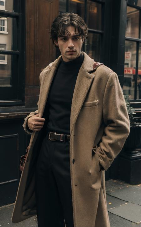 ultra-detailed,masterpiece,finely detail,highres,8k wallpaper,belt, pants, solo, 1man, (male:1.2),tough guy, jacket, solo, shirt, long_sleeves, male_focus, belt, pants, bag, coat,pants,cat on shoulder,handbag, head_out_of_frame, coat, trench_coat, dark academia, outfits<lora:dark:0.8>London street,handsome, super model