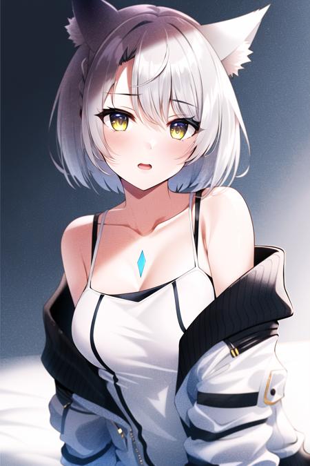 mio \(xenoblade\),

1girl, animal ears, bare shoulders, grey hair, braid, breasts, jacket, looking at viewer, off shoulder, open mouth, short hair, solo, white gloves, yellow eyes,

<lora:mio:0.6>