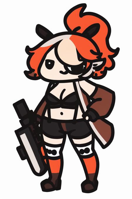 <lora:smol02:1>, 1girl, virtual youtuber, solo, stuffed shark, holding, stuffed animal, breasts, stuffed toy, weapon, red hair, gun, green jacket, shorts, hair over one eye, jacket, handgun, tube top, strapless, pouch, holding gun, black shorts, streaked hair, thigh strap, holding weapon, black hair, off shoulder, cleavage, suspenders, full body, holding stuffed toy, multicolored hair, white background, bangs, standing, bare shoulders, navel, ponytail, midriff, long hair, simple background, boots, stomach, looking at viewer, black footwear, smile, bandeau, short shorts, long sleeves, thighs, gloves, open clothes, thighhighs, open jacket, fingerless gloves, large breasts, piercing, collarbone, bandaid, black gloves, bike shorts, ear piercing, grey eyes, bandaid on leg, open fly