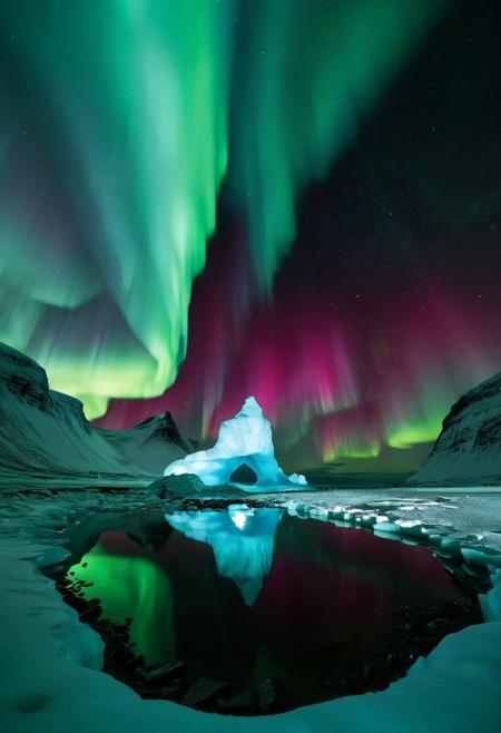 A digital landscape photograph captures the view from inside a massive ice cave in the Arctic. The cave's crystalline walls frame a spectacular display of the aurora borealis, which fills the night sky with swirling curtains of turquoise and green light. Snow-covered mountains stretch across the horizon beneath the celestial show. A solitary figure stands in silhouette at the cave's opening, their dark form contrasting dramatically with the luminous sky. The cave floor features a still pool of water that perfectly mirrors the aurora and cave ceiling, while scattered dark rocks break up the snowy ground. The scene is captured using an extreme wide shot with a low-angle perspective, emphasizing the grand scale of the natural formation and the cosmic display above. Low-angle wide-angle photograph with dramatic natural lighting shows sharp details in dark and bright areas.