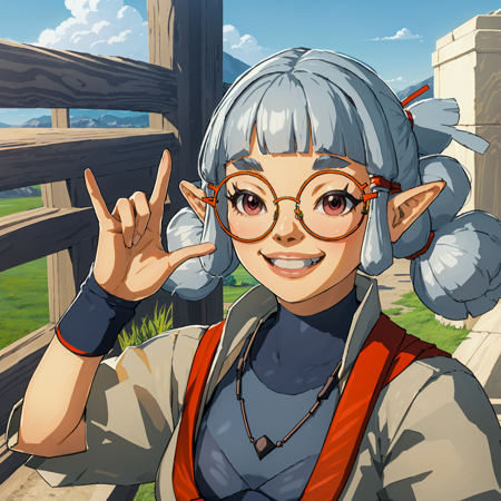 josha, 1girl, best quality, outdoors, grin, smile,
red eyes, silver hair,  pointy ears, blunt bangs, glasses, red-framed eyewear,
belt, gray tunic, necklace, puffy sleeves, portrait
<lora:Josha_TotK:0.9>