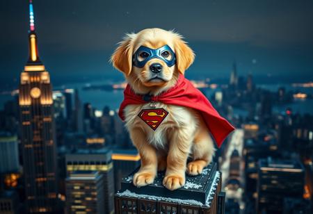 Loop: prompt: a golden retriever puppy wearing a superhero outfit complete with a mask and cape stands perched on the top of the empire state building in winter, overlooking the nyc it protects at night.