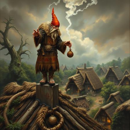Highly detailed oil painting in baroque style with influence from Frank Frazetta.   A raggety looking viking shaman standing on top of a  of a wooden cottage with a thatched roof in a viking village, as he drops a small round pouch down the chimney, the shaman wears shoes with curled up pointy toes, and a pointed red sleep cap,  His hide jacket is decorated with red and gold markings resembling Nordic art.  The village is full of thatched roof houses, every green trees and lanterns, the scene has a glow that conveys magic, wonder and mischievous  joy