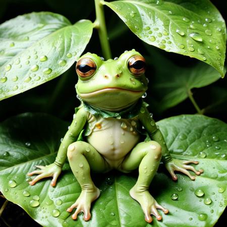 tearStyle2, 
very close up shot, very small anthropomorphic frog person, green frog person, wearing leaf clothes, on leaf, sitting, legs crossed, green leaf, small water droplets on leaf, hyper realistic, ultra detailed, natural colours,