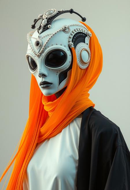 Ethereal minimalist Alien race cybergoth fashion photography painting, in the style of fluorecent orange, pearl_white black and silver, heavy use of palette knives, full body wide shot painting of teachment, intricate, sharp_focus, concept_art