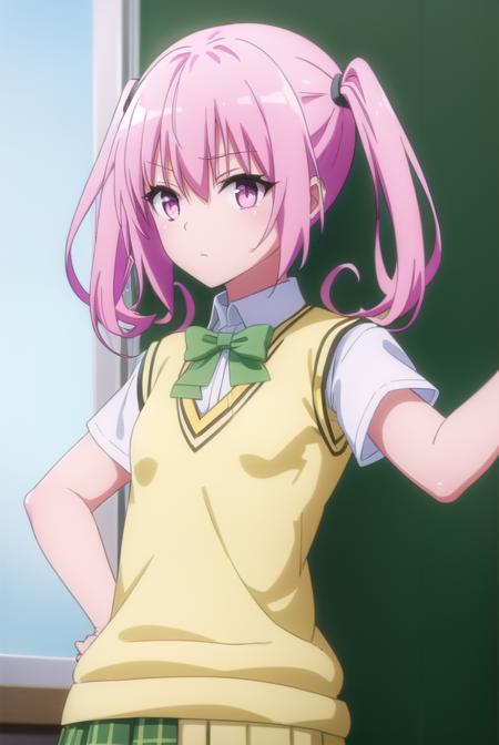 nanadeviluke, <lyco:nana deviluke darkness-lyco-nochekaiser:1>,
nana asta deviluke, fang, long hair, (pink eyes:1.5), pink hair, tail, twintails, (flat chest:1.2),
BREAK green skirt, plaid, plaid skirt, sainan high school uniform, school uniform, skirt, shirt, white shirt, sweater vest, (yellow sweater vest:1.5), short sleeves,
BREAK indoors, classroom,
BREAK looking at viewer, (cowboy shot:1.5),
BREAK <lyco:GoodHands-beta2:1>, (masterpiece:1.2), best quality, high resolution, unity 8k wallpaper, (illustration:0.8), (beautiful detailed eyes:1.6), extremely detailed face, perfect lighting, extremely detailed CG, (perfect hands, perfect anatomy),