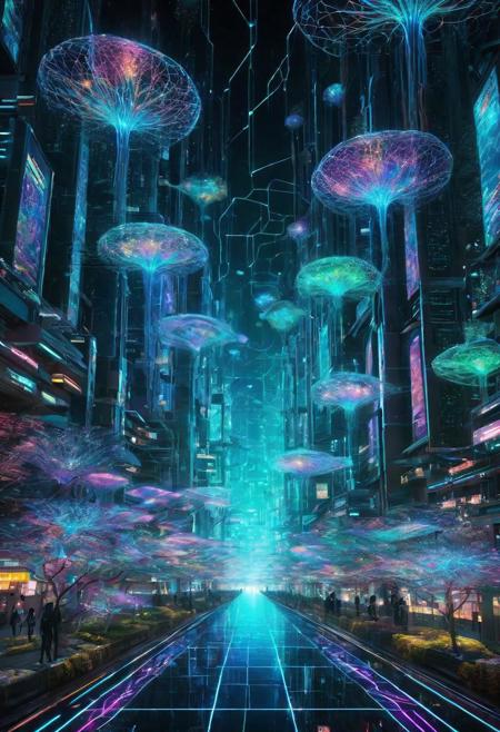 In a mesmerizing display of ethereal luminescence, a captivating bioluminescent matrix system illuminates a futuristic digital anime world. This breathtaking image, reminiscent of a visually stunning digital painting, showcases a mesmerizing network of vibrant, shimmering colors. The intricate design of the matrix stands out with its intricate geometric patterns, expertly rendered with impressive attention to detail. Each pulsating node emits a soft, otherworldly glow, casting a spellbinding ambiance throughout the scene. The image radiates a sense of flawless execution, demonstrating the absolute mastery of the artist in capturing the enchanting beauty of this fantastical digital realm.