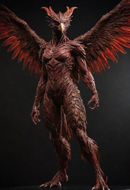 Frontal view. looking forward, looking viewer, full body, realistic professional photography, monster werebird woman, brown and red, cinematic lighting, perfect shading, amazing composition, dynamic angle, 35mm photograph, best quality, masterpiece