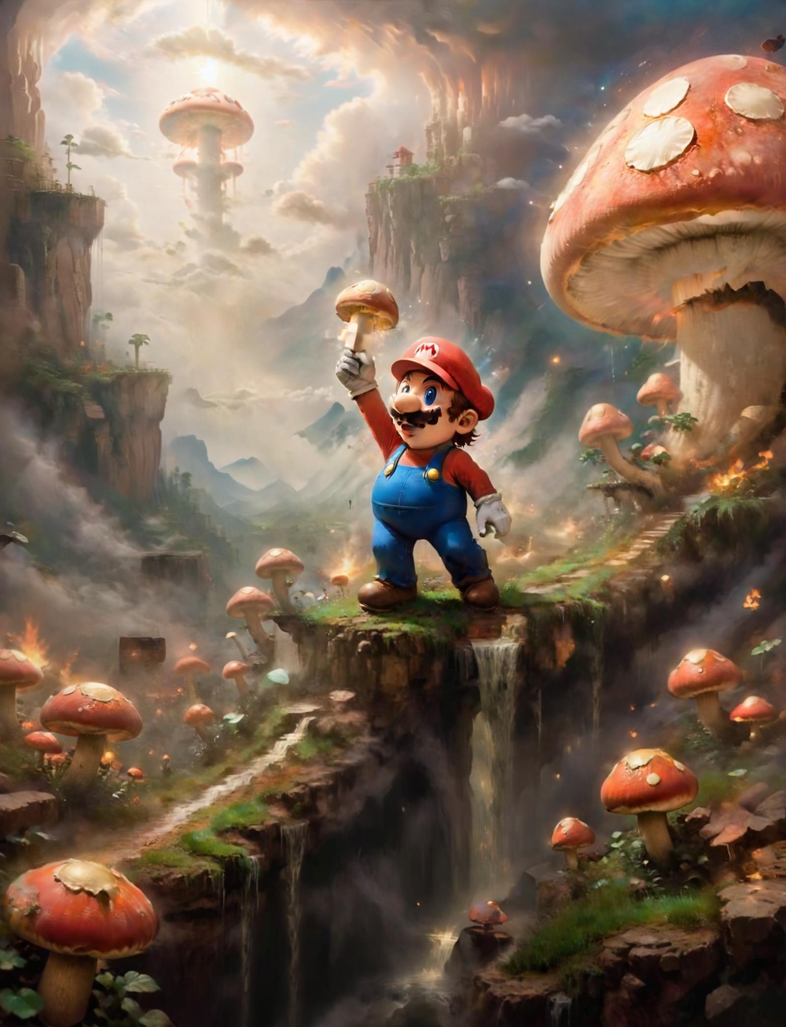 Artistic Painting of Mario Holding a Mushroom in a Mushroom-Themed Landscape