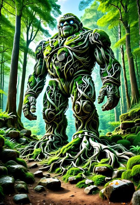 score_9,score_8_up,score_7_up, PG-TR, This is a vibrant, fantasy illustration of a large, golem-like figure that appears to be made of stones and rocks, partly overgrown with lush green foliage. The figure stands in a forested environment, with trees and plants surrounding it, and in the background, ruins or other stone structures are visible. The sky above is clear blue with some white clouds, indicating a sunny day.
The colossus itself is impressively large, with a broad posture and thick, robust limbs. Its body is a mix of gray and brown stones, some smoother than others, with cracks and moss growth emphasizing its age and natural integration. The most striking feature is the dense layer of bright green leaves covering large parts of its torso, shoulders, and upper legs, as if it has become part of the forest itself.
The colossus's face is somewhat human-like, with a stylized, flat nose and indentations suggesting eyes, all formed from stone. The overall atmosphere of the image is one of wonder and mystery, fitting for a fantasy world. <lora:Treeroots_0_90_multi2_Handprocessed_V2:1>