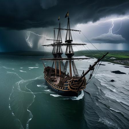 cinematic still Aerial view of a weathered 16th-century pirate ship stranded on a flooded coast in Ireland. Dark storm clouds loom overhead, with lightning illuminating a backdrop of sail-like buildings and hapless Phinisi ships, creating a dramatic, surreal scene. Rainfall and swirling ripples add to the chaotic atmosphere . emotional, harmonious, vignette, 4k epic detailed, shot on kodak, 35mm photo, sharp focus, high budget, cinemascope, moody, epic, gorgeous, film grain, grainy, Aerial view of a weathered 16th-century pirate ship stranded on a flooded coast in Ireland. Dark storm clouds loom overhead, with lightning illuminating a backdrop of sail-like buildings and hapless Phinisi ships, creating a dramatic, surreal scene. Rainfall and swirling ripples add to the chaotic atmosphere, cinematic, detailed, professional, extremely quality, highly