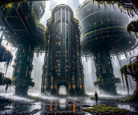 "An abandoned futuristic city slowly reclaimed by nature, colossal sci-fi skyscrapers crumbling under the weight of massive, twisted vines and glowing bioluminescent plants. Cracked metallic structures covered in moss, shattered glass towers overtaken by enormous tree roots, alien flora blossoming through rusted machinery. Mist floats between the ruins, casting ethereal light beams through broken ceilings. Hyper-realistic textures: oxidized metal, damp stone, glistening foliage, reflective water puddles. Wide-angle cinematic view, deep atmospheric perspective, extreme detail, hyperrealism, hauntingly beautiful mood."
