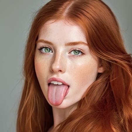 Portrait photo of a woman with green eyes and long red hair sticking out her long pink tongue,  <lora:concept_tongue_out_xl_1_standard_merger_57_80_04_06:0.8>