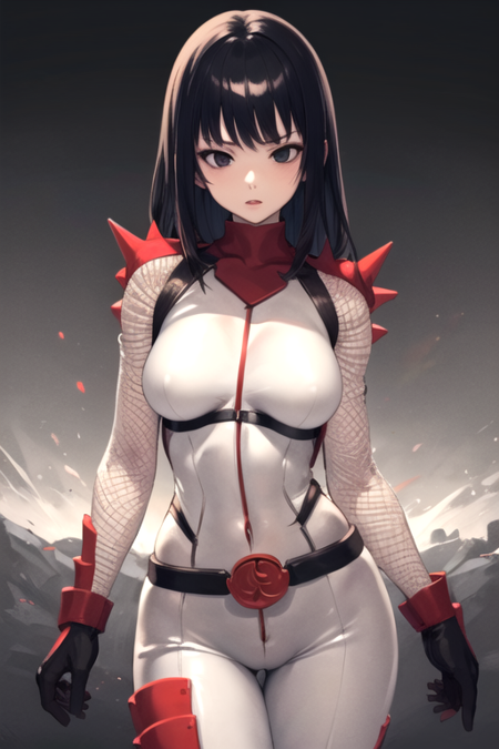 HibanaNightshade, 1girl, solo, long hair, large breasts, black hair, gloves, belt, armor, black eyes, white bodysuit, fishnets, skin tight, impossible clothes, ninja, spikes 