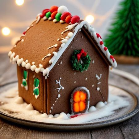 Christmas Gingerbread House: A beautifully decorated gingerbread house with colorful icing, gumdrops, candy canes, and powdered sugar resembling snow. The house is set on a snowy table, surrounded by miniature Christmas trees and festive ornaments.